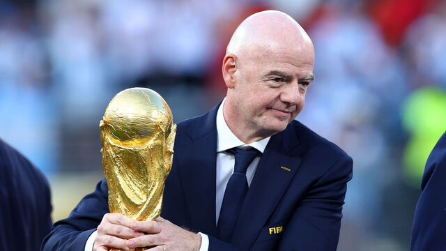 EAST RUTHERFORD, NEW JERSEY - JULY 19: FIFA President Gianni Infantino holds the trophy at full-time following the FIFA World Cup 2026 Final match between Spain and Argentina at New York New Jersey Stadium on July 19, 2026 in East Rutherford, New Jersey.