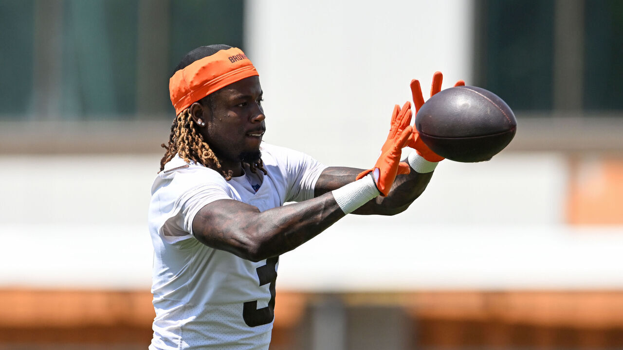 BEREA, OHIO - JUNE 11: Jerry Jeudy #3 of the Cleveland Browns catches a pass during the Cleveland Browns Mandatory Minicamp at CrossCountry Mortgage Campus on June 11, 2026 in Berea, Ohio.