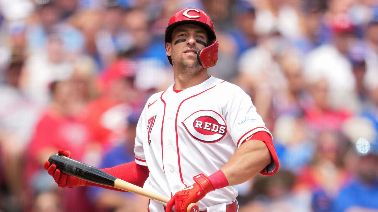 CINCINNATI, OHIO - JULY 12: Spencer Steer #7 of the Cincinnati Reds bats during a baseball game against the Chicago Cubs at Great American Ball Park on July 12, 2026 in Cincinnati, Ohio.