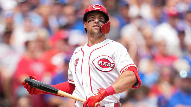 CINCINNATI, OHIO - JULY 12: Spencer Steer #7 of the Cincinnati Reds bats during a baseball game against the Chicago Cubs at Great American Ball Park on July 12, 2026 in Cincinnati, Ohio.