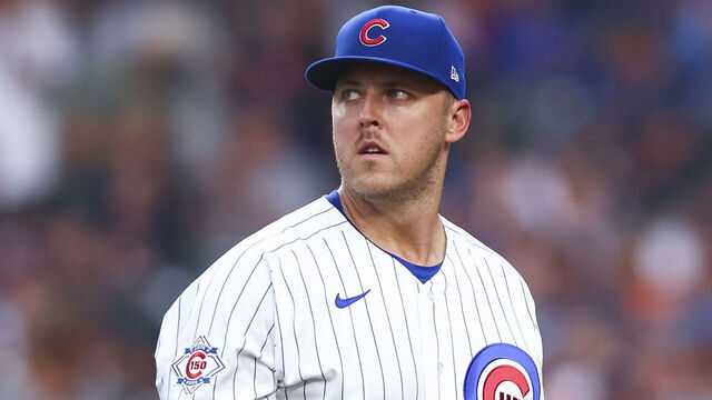 CHICAGO, ILLINOIS - JULY 20: Jameson Taillon #50 of the Chicago Cubs looks on during the first inning against the Detroit Tigers at Wrigley Field on July 20, 2026 in Chicago, Illinois.