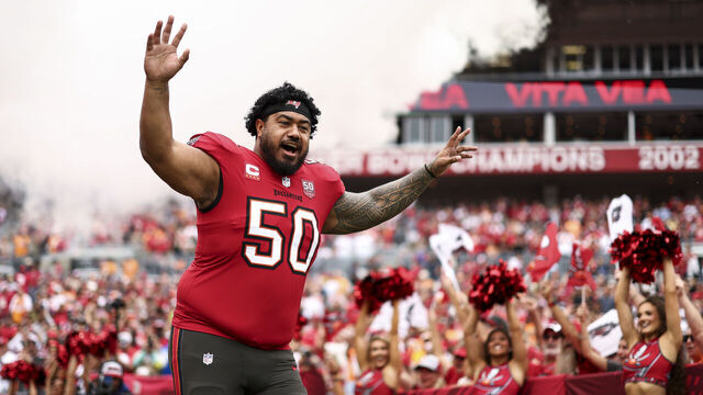 TAMPA, FLORIDA - DECEMBER 7: Vita Vea #50 of the Tampa Bay Buccaneersruns onto the field prior to an NFL football game against the New Orleans Saints at Raymond James Stadium on December 7, 2025 in Tampa, Florida.