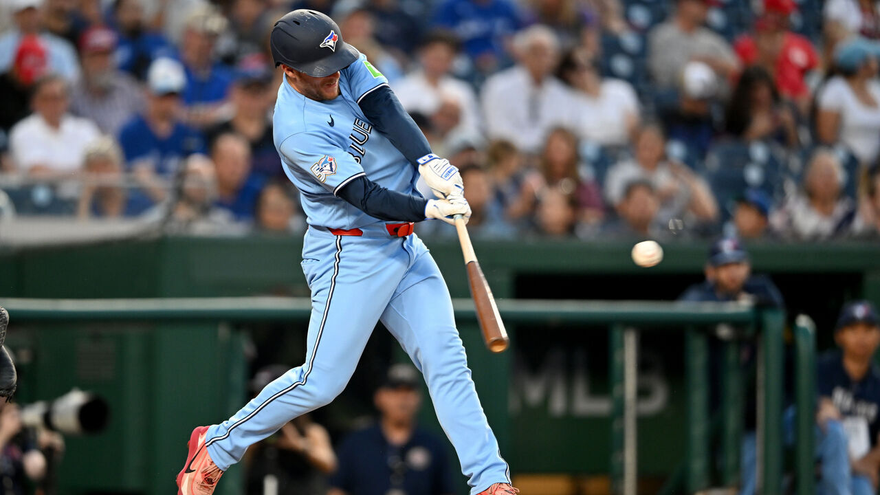 WASHINGTON, DC - JULY 27: Myles Straw #3 of the Toronto Blue Jays drives in a run with a single in the fourth inning against the Washington Nationals at Nationals Park on July 27, 2026 in Washington, DC.