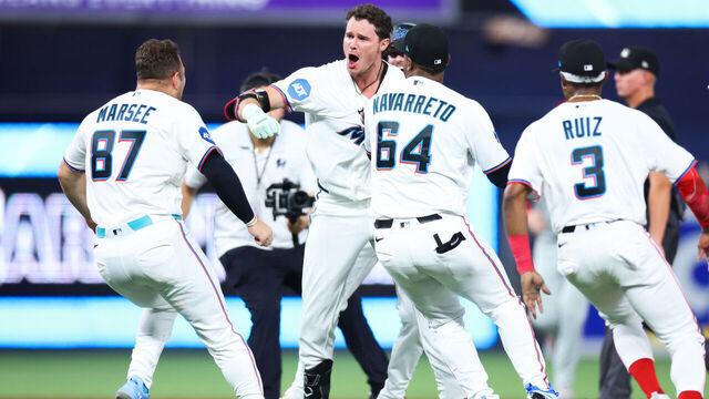 MIAMI, FLORIDA - JULY 27: Griffin Conine #18 of the Miami Marlins reacts after walking it off with a single in the ninth inning against the Philadelphia Phillies at loanDepot park on July 27, 2026 in Miami, Florida.