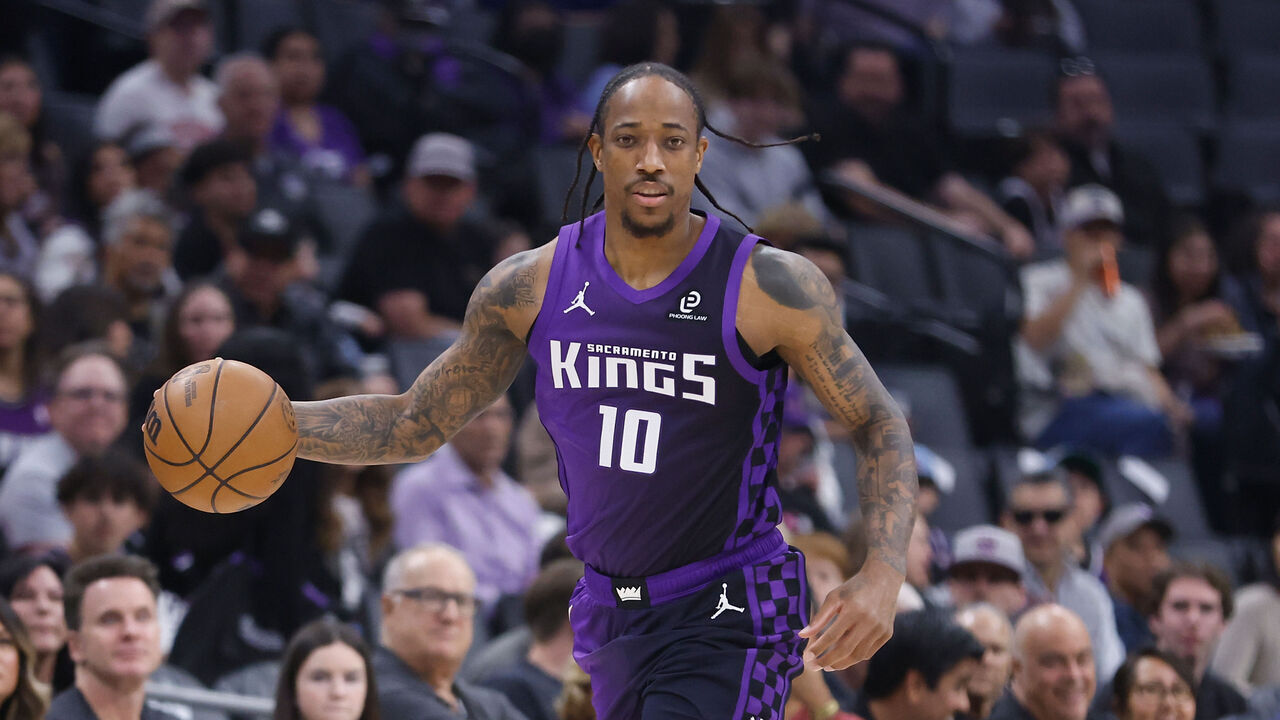 SACRAMENTO, CALIFORNIA - APRIL 03: DeMar DeRozan #10 of the Sacramento Kings dribbles the ball in the first quarter against the New Orleans Pelicans at Golden 1 Center on April 03, 2026 in Sacramento, California.