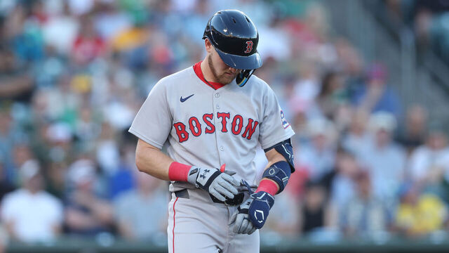 SACRAMENTO, CALIFORNIA - JULY 27: Curtis Mead #25 of the Boston Red Sox reacts after being hit by a pitch from pitcher Jack Perkins #50 of the Athletics in the top of the fourth inning at Sutter Health Park on July 27, 2026 in Sacramento, California.