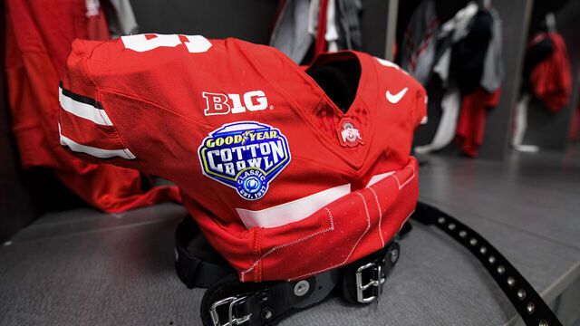 ARLINGTON, TEXAS - DECEMBER 31: A detailed view of Cotton Bowl branding on an Ohio State Buckeyes jersey before the College Football Playoff Quarter Final Game at AT&T Stadium on December 31, 2025 in Arlington, Texas.