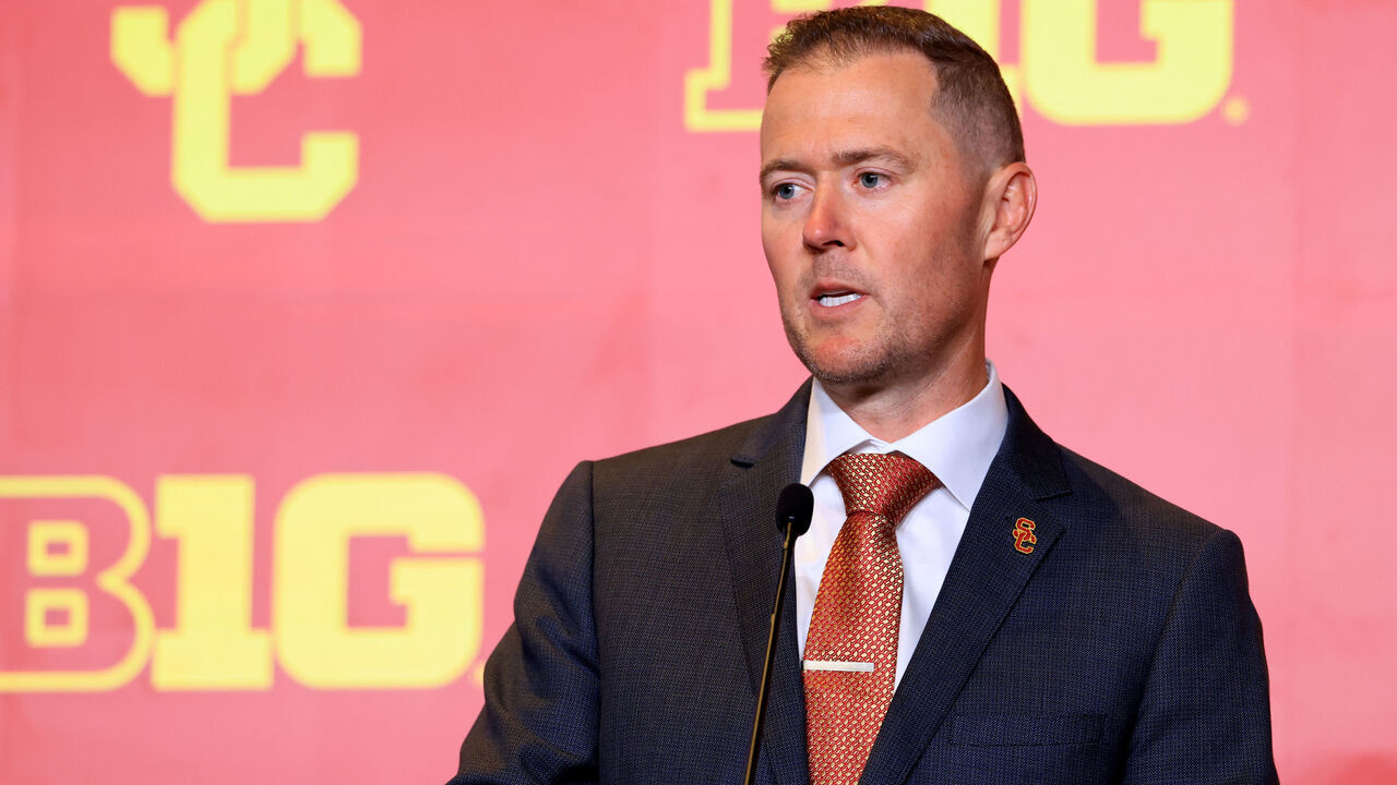 CHICAGO, ILLINOIS - JULY 28: Head coach Lincoln Riley of the USC Trojans speaks to the media during the 2026 Big Ten Football Media Days at Hilton Chicago on July 28, 2026 in Chicago, Illinois.