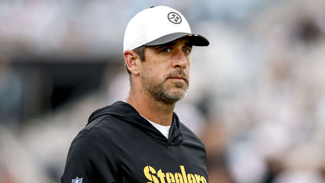 JACKSONVILLE, FL - AUGUST 9: Quarterback Aaron Rogers #8 of the Pittsburgh Steelers on the field prior to the start of the preseason game against the Jacksonville Jaguars at EverBank Stadium on August 9, 2025 in Jacksonville, Florida. The Steelers defeated the Jaguars 31 to 25.