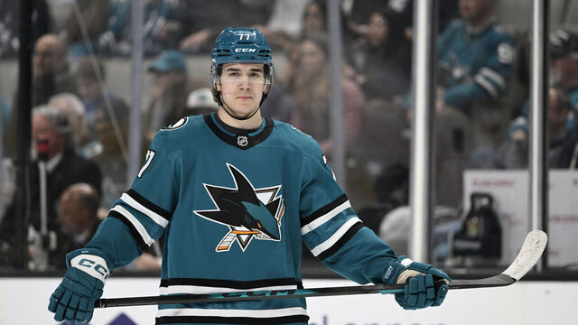 SAN JOSE, CALIFORNIA - APRIL 08: Michael Misa #77 of the San Jose Sharks looks on against the Edmonton Oilers in the second period at SAP Center on April 08, 2026 in San Jose, California.