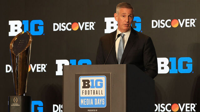 CHICAGO, ILLINOIS - JULY 28: Tony Petitti, Big Ten Commissioner, speaks to the media during the 2026 Big Ten Football Media Days at Hilton Chicago on July 28, 2026 in Chicago, Illinois.