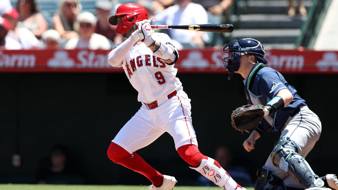ANAHEIM, CA - JUNE 14: Zach Neto #2 of the Los Angeles Angels bats during the game against the Tampa Bay Rays at Angel Stadium of Anaheim on August 14, 2026 in Anaheim, California.