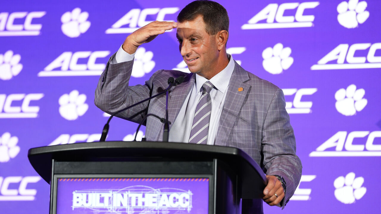 CHARLOTTE, NORTH CAROLINA - JULY 16: Head coach Dabo Swinney of the Clemson Tigers fields questions during the ACC Kickoff media days at Hilton Charlotte Uptown on July 16, 2026 in Charlotte, North Carolina.