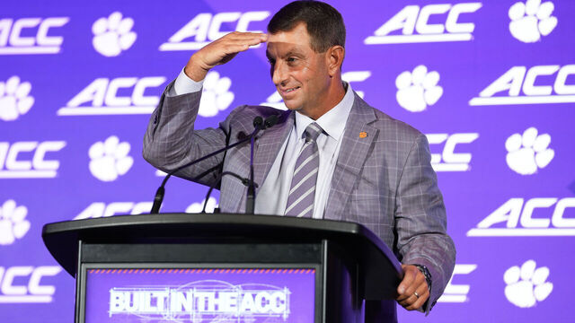 CHARLOTTE, NORTH CAROLINA - JULY 16: Head coach Dabo Swinney of the Clemson Tigers fields questions during the ACC Kickoff media days at Hilton Charlotte Uptown on July 16, 2026 in Charlotte, North Carolina.