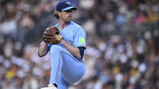 SAN DIEGO, CALIFORNIA - JULY 10: Shane Bieber #57 of the Toronto Blue Jays pitches against the San Diego Padres during the third inning at Petco Park on July 10, 2026 in San Diego, California.