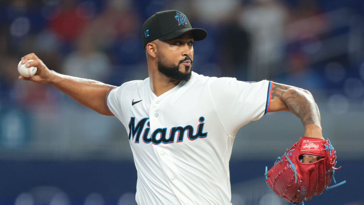 MIAMI, FLORIDA - JULY 28: Sandy Alcantara #22 of the Miami Marlins delivers a pitch against the Philadelphia Phillies during the first inning at loanDepot park on July 28, 2026 in Miami, Florida.