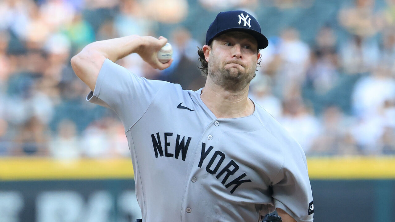 CHICAGO, ILLINOIS - JULY 28: Gerrit Cole #45 of the New York Yankees throws a pitch during the first inning against the New York Yankees during the second inning against the Chicago White Sox at Rate Field on July 28, 2026 in Chicago, Illinois.