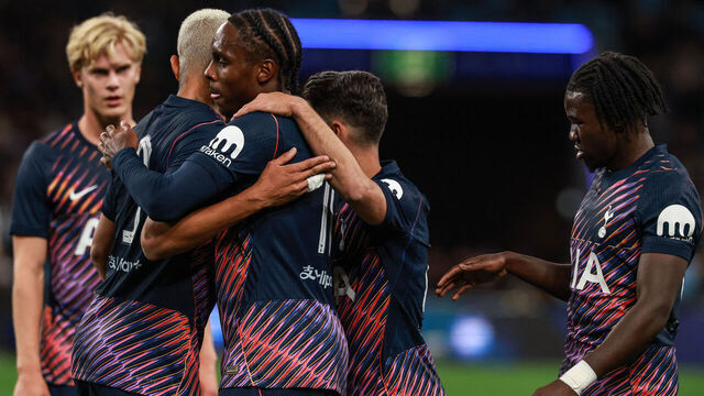 Tottenham's Mathys Tel (3rd L) celebrates with teammates after scoring a goal during the Sydney Super Cup football match between Tottenham Hotspur and Sydney FC at the Allianz Stadium in Sydney on July 29, 2026. / -- IMAGE RESTRICTED TO EDITORIAL USE - STRICTLY NO COMMERCIAL USE --