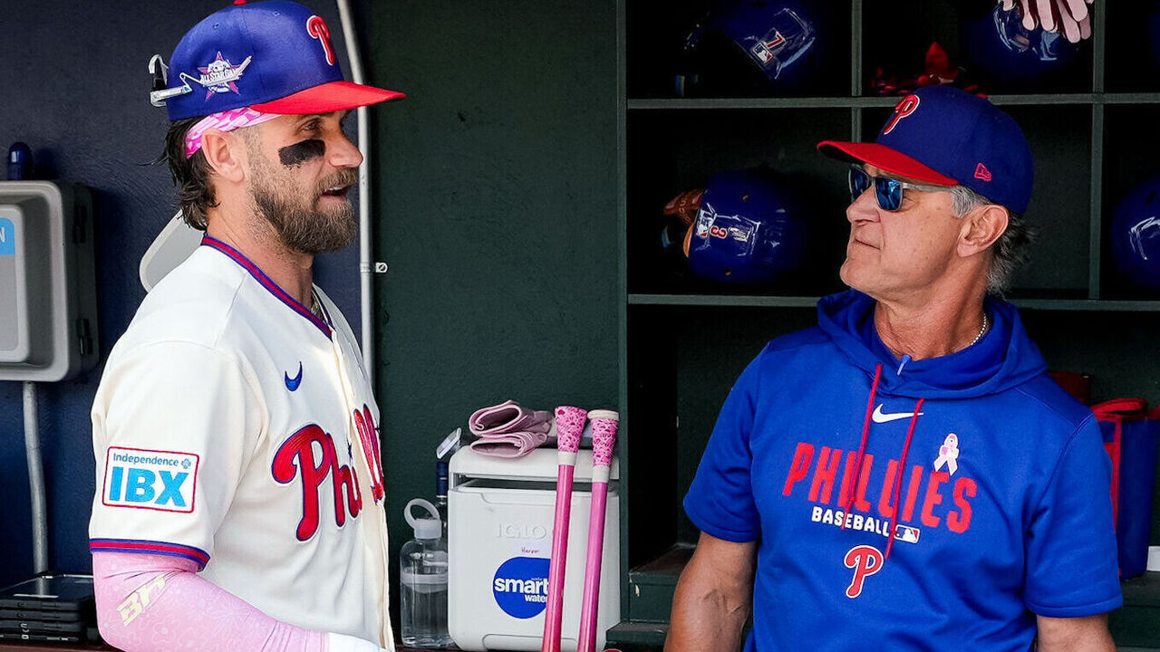 PHILADELPHIA, PA - MAY 10: Bryce Harper #3 of the Philadelphia Phillies and Interim Manager Don Mattingly #8 talk prior to the game between the Colorado Rockies and the Philadelphia Phillies at Citizens Bank Park on Sunday, May 10, 2026 in Philadelphia, Pennsylvania.