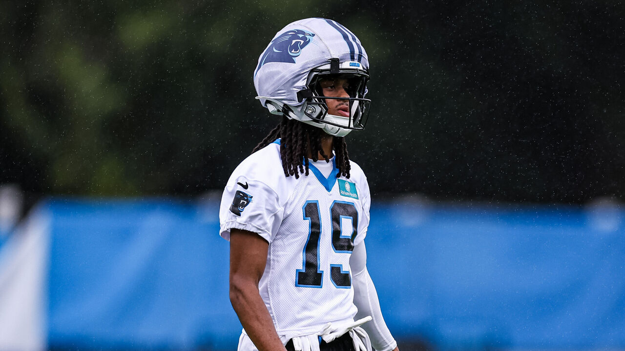 CHARLOTTE, NORTH CAROLINA - JULY 23: Chris Brazzell II #19 of the Carolina Panthers runs a drill during the Carolina Panthers Training Camp at Carolina Panthers Practice Fields on July 23, 2026 in Charlotte, North Carolina.