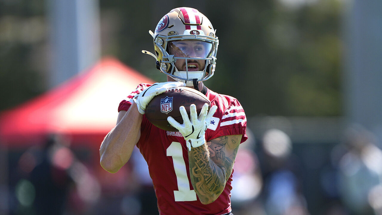 SANTA CLARA, CALIFORNIA - JULY 27: Ricky Pearsall #1 of the San Francisco 49ers works out during training camp practice at SAP Performance Facility on July 27, 2026 in Santa Clara, California.