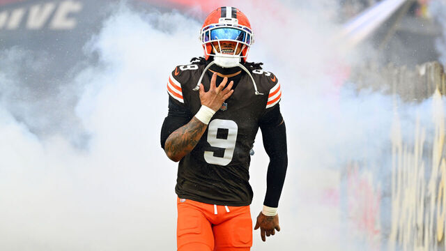CLEVELAND, OHIO - NOVEMBER 16: Safety Grant Delpit #9 of the Cleveland Browns celebrates during player introductions before the NFL 2025 game against the Baltimore Ravens at Huntington Bank Field on November 16, 2025, in Cleveland, Ohio. The Ravens defeated the Browns 23-16.