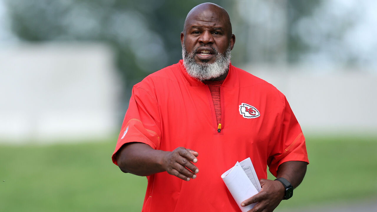 ST JOSEPH, MISSOURI - JULY 26: Offensive coordinator Eric Bieniemy walks toward the practice field during Kansas City Chiefs training camp at Missouri Western State University on July 25, 2026 in St Joseph, Missouri.