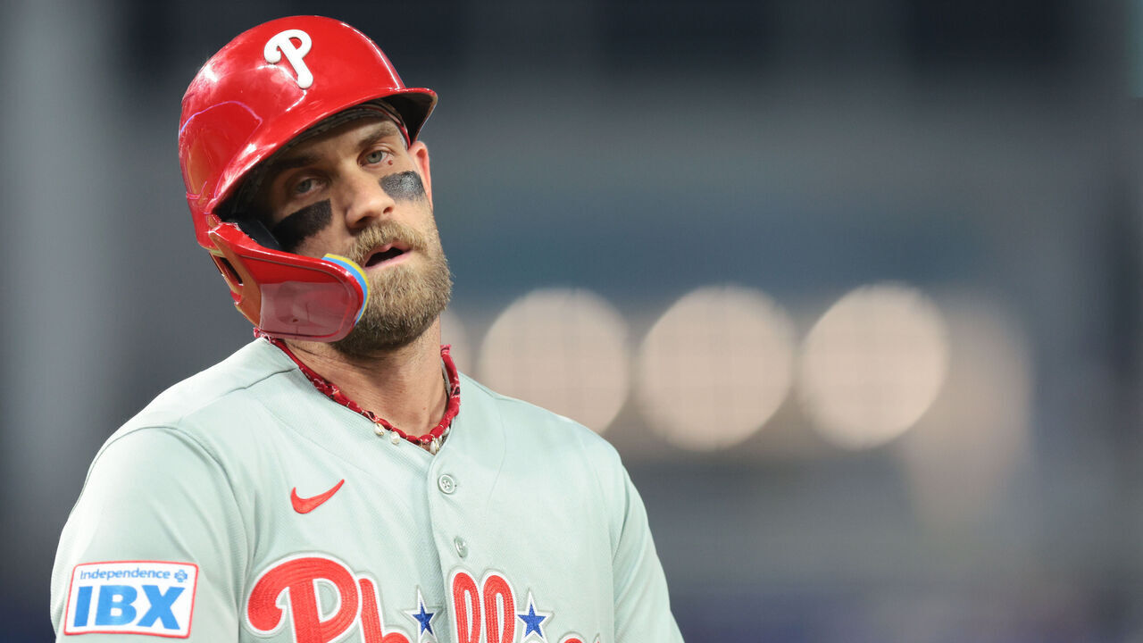 MIAMI, FLORIDA - JULY 28: Bryce Harper #3 of the Philadelphia Phillies reacts after grounding out in the eighth inning during a game against the Miami Marlins at loanDepot park on July 28, 2026 in Miami, Florida.