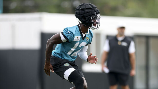 JACKSONVILLE, FLORIDA - JULY 29: Travis Hunter #12 of the Jacksonville Jaguars practices during training camp at Miller Electric Center on July 29, 2026 in Jacksonville, Florida.
