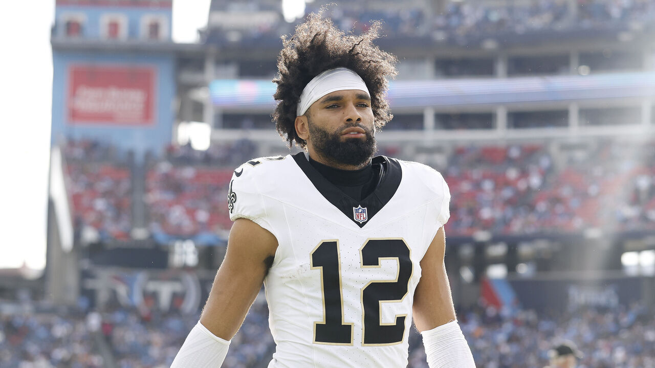 NASHVILLE, TENNESSEE - DECEMBER 28: Chris Olave #12 of the New Orleans Saints looks on during the first half of the NFL 2025 game against the Tennessee Titans at Nissan Stadium on December 28, 2025 in Nashville, Tennessee.