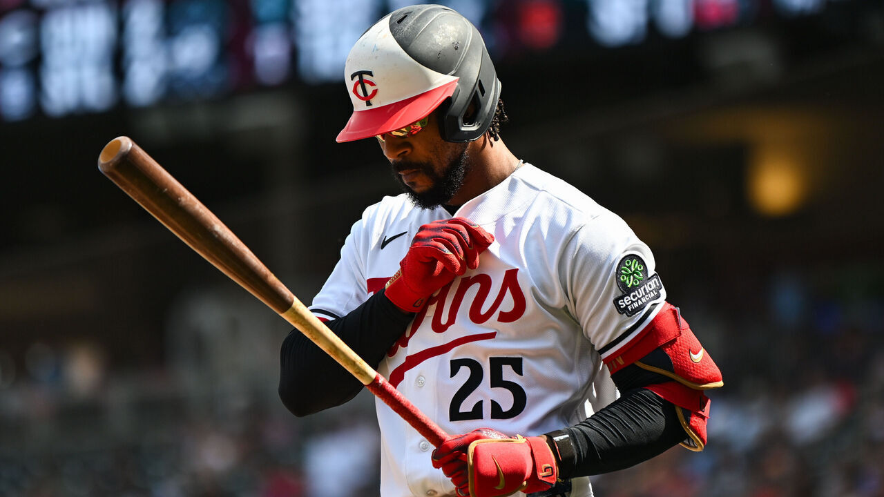 MINNEAPOLIS, MINNESOTA - JULY 26: Byron Buxton #25 of the Minnesota Twins bats against the Athletics during the eighth inning of the game at Target Field on July 26, 2026 in Minneapolis, Minnesota.