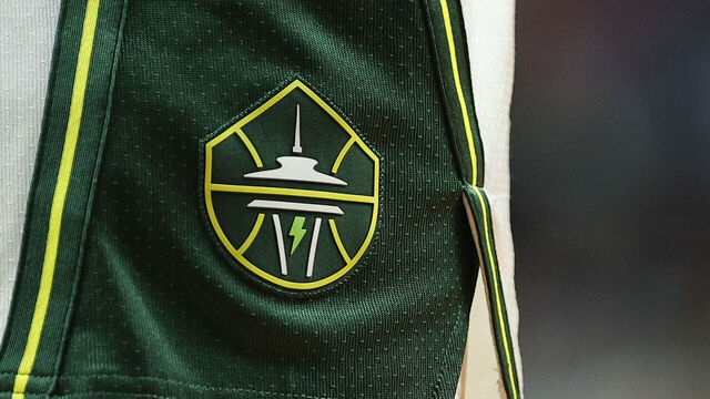 UNCASVILLE, CT - MAY 10: General view of the Seattle Storm logo on a pair of game shorts during the WNBA game between Seattle Storm and Connecticut Sun on May 10, 2026, at Mohegan Sun Arena in Uncasville, CT.