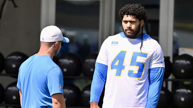 El Segundo, CA - July 29: Linebacker Tuli Tuipulotu #45 of the Los Angeles Chargers during the first day of NFL training camp at The Bolt in El Segundo on Wednesday, July 29, 2026.