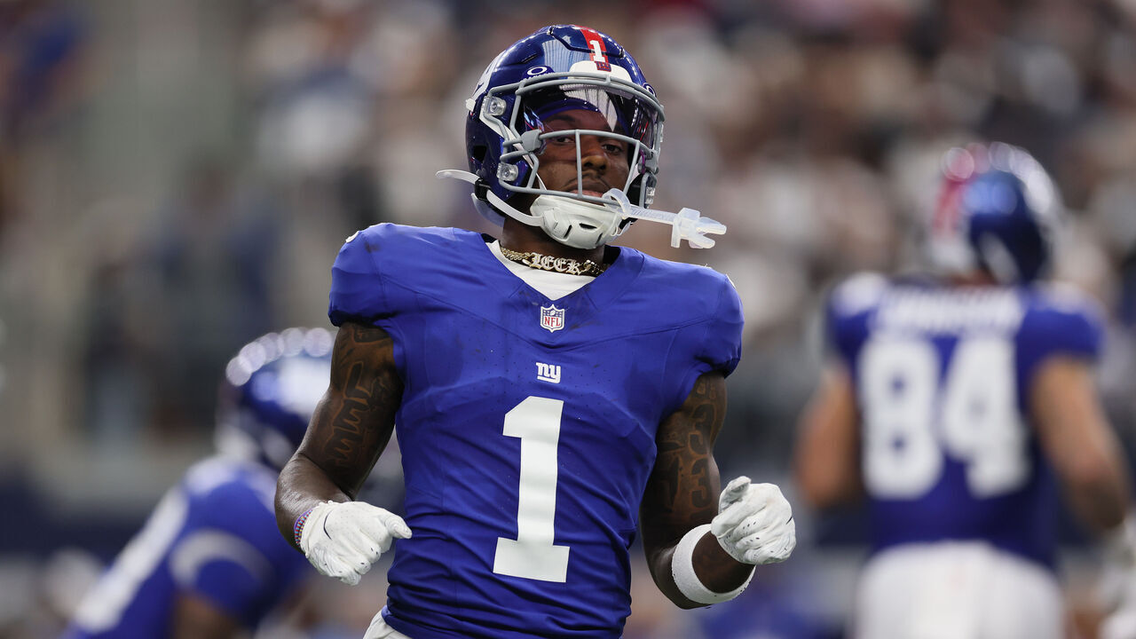 ARLINGTON, TEXAS - SEPTEMBER 14: Malik Nabers #1 of the New York Giants looks on during the first half of the NFL 2025 game against the Dallas Cowboys at AT&T Stadium on September 14, 2025 in Arlington, Texas.