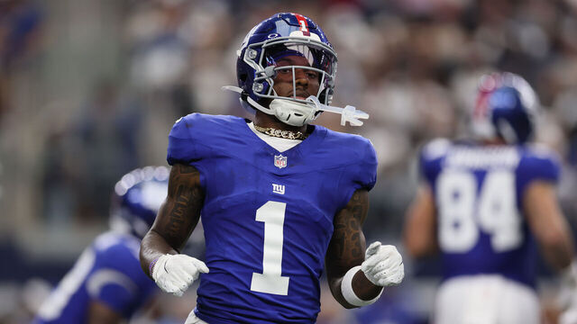 ARLINGTON, TEXAS - SEPTEMBER 14: Malik Nabers #1 of the New York Giants looks on during the first half of the NFL 2025 game against the Dallas Cowboys at AT&T Stadium on September 14, 2025 in Arlington, Texas.