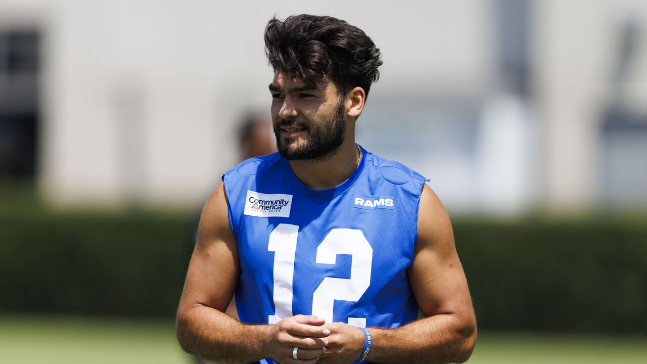 LOS ANGELES, CALIFORNIA - JULY 28: Puka Nacua #12 of the Los Angeles Rams during training camp at Loyola Marymount University on July 28, 2026 in Los Angeles, California.