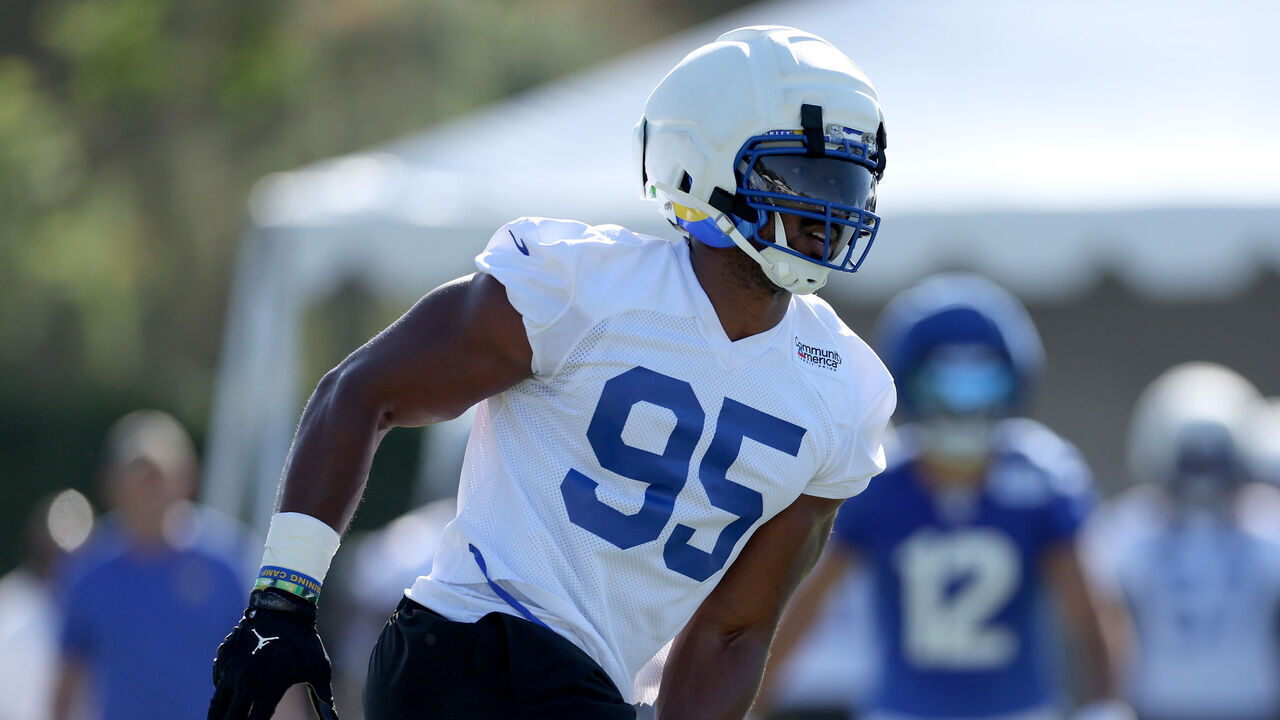 LOS ANGELES, CALIFORNIA - JULY 27: Myles Garrett #95 of the Los Angeles Rams trains during the Los Angeles Rams Training Camp at Loyola Marymount University on July 27, 2026 in Los Angeles, California.