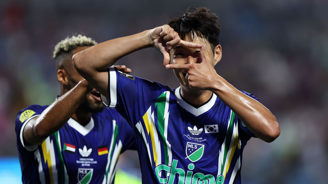 CHARLOTTE, NORTH CAROLINA - JULY 29: Son Heung-Min of MLS All-Star celebrates scoring his team's first goal during the 2026 MLS All-Star Game presented by Chime at Bank of America Stadium on July 29, 2026 in Charlotte, North Carolina.