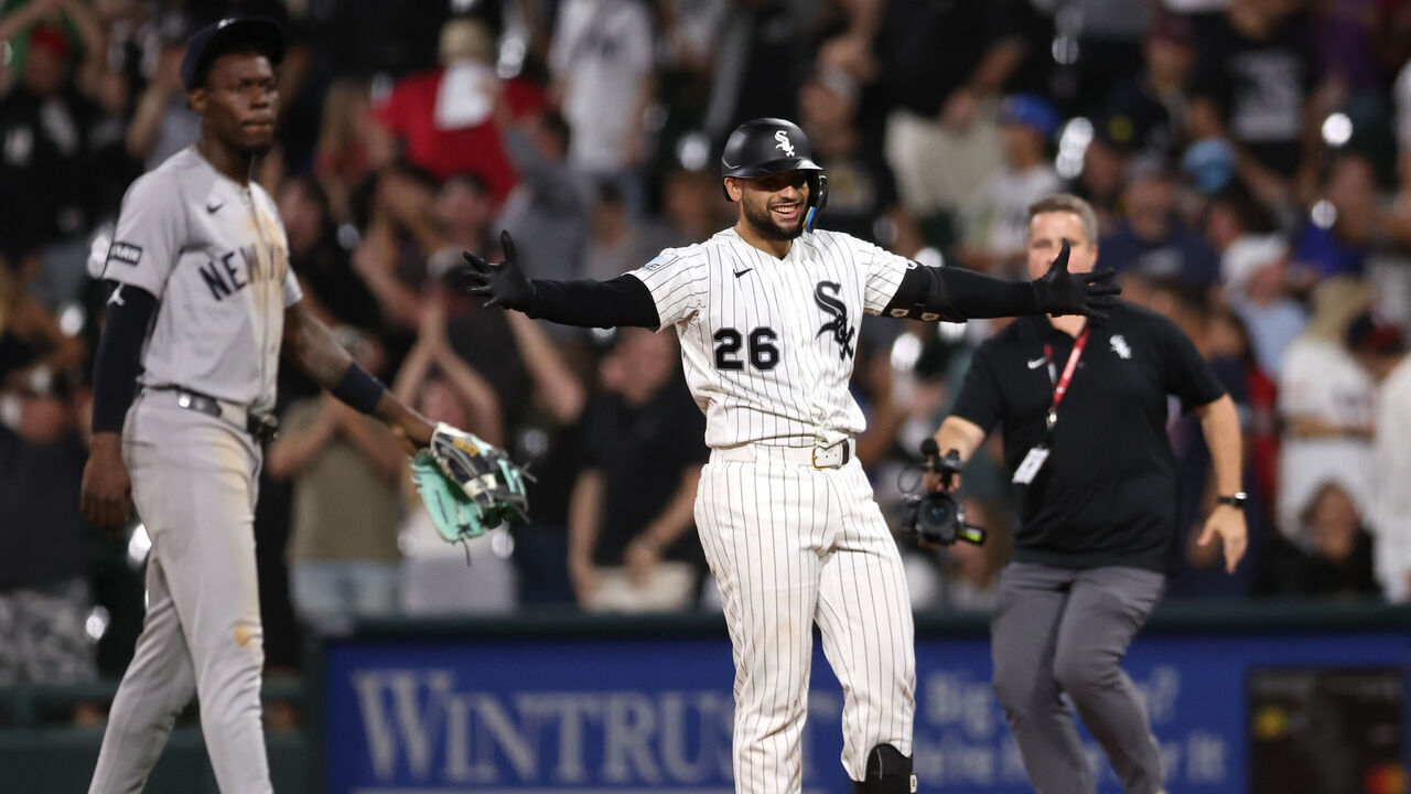 CHICAGO, ILLINOIS - JULY 29: Edgar Quero #26 of the Chicago White Sox celebrates hitting a walk-off RBI single in the 12th inning against the New York Yankees at Rate Field on July 29, 2026 in Chicago, Illinois.
