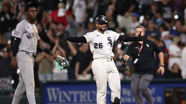 CHICAGO, ILLINOIS - JULY 29: Edgar Quero #26 of the Chicago White Sox celebrates hitting a walk-off RBI single in the 12th inning against the New York Yankees at Rate Field on July 29, 2026 in Chicago, Illinois.