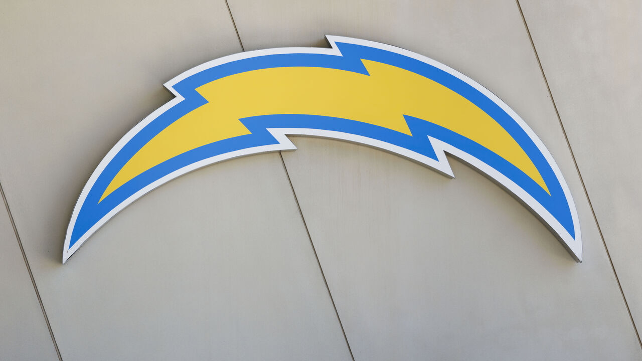 EL SEGUNDO, CALIFORNIA - APRIL 20: A detail view of a Los Angeles Chargers logo after offseason workouts at The Bolt on April 20, 2026 in El Segundo, California.