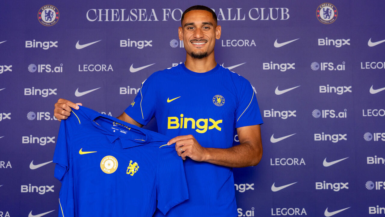 COBHAM, ENGLAND - JULY 30: New signing Maxence Lacroix of Chelsea poses after signing for the club at Chelsea Training Ground on July 30, 2026 in Cobham, England.