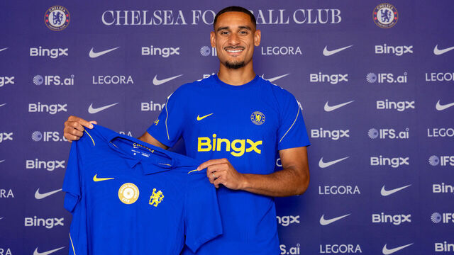 COBHAM, ENGLAND - JULY 30: New signing Maxence Lacroix of Chelsea poses after signing for the club at Chelsea Training Ground on July 30, 2026 in Cobham, England.