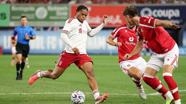 NEW YORK, NEW YORK - JULY 29: Rio Ngumoha #73 of Liverpool FC scores the team's first goal during the second half of the pre-season friendly against Wrexham AFC at Yankee Stadium on July 29, 2026 in New York City.