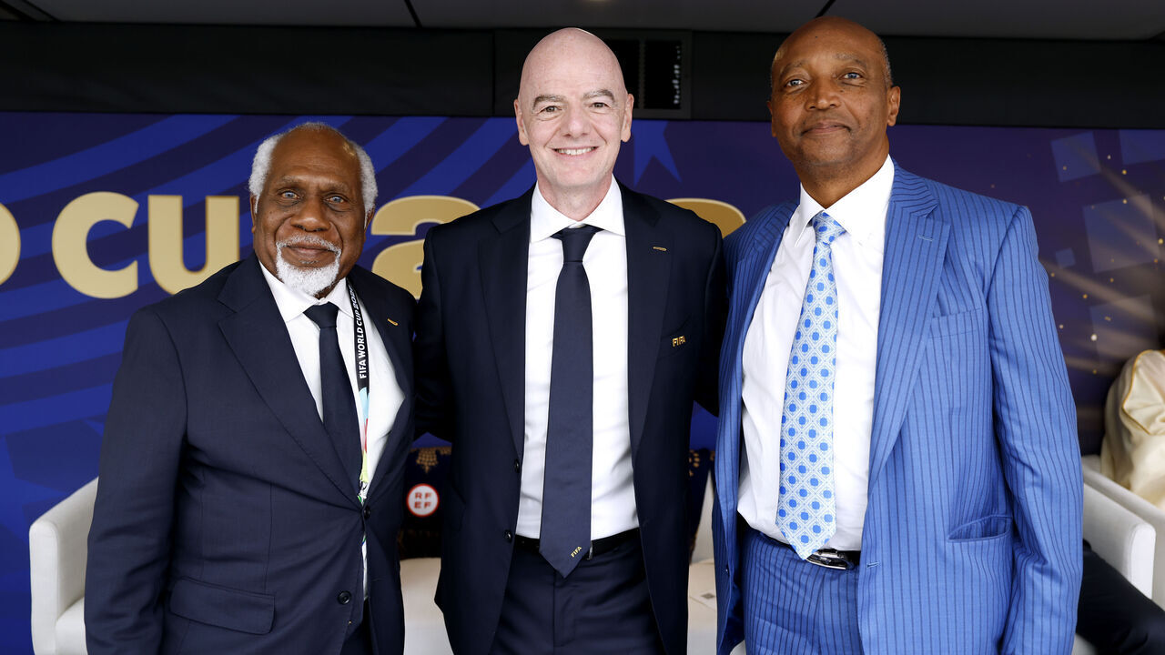 EAST RUTHERFORD, NEW JERSEY - JULY 19: FIFA President Gianni Infantino, FIFA Council Vice Presidents Lambert Maltock and Patrice Motsepe pose before the FIFA World Cup 2026 Final match between Spain and Argentina at New York New Jersey Stadium on July 19, 2026 in East Rutherford, New Jersey.