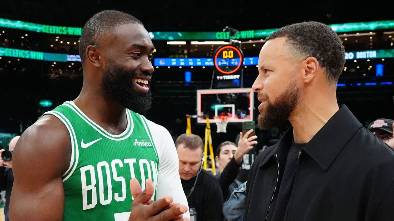BOSTON, MA - MARCH 18: Jaylen Brown #7 of the Boston Celtics and Stephen Curry #30 of the Golden State Warriors laugh after the game on March 18, 2026 at TD Garden in Boston, Massachusetts. NOTE TO USER: User expressly acknowledges and agrees that, by downloading and/or using this Photograph, user is consenting to the terms and conditions of the Getty Images License Agreement. Mandatory Copyright Notice: Copyright 2026 NBAE