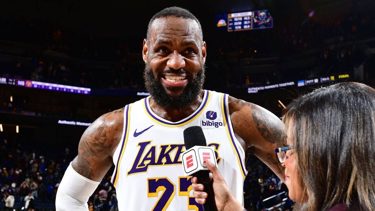 SAN FRANCISCO, CA - JANUARY 27: LeBron James #23 of the Los Angeles Lakers is interviewed by Lisa Salters of ESPN after the game against the Golden State Warriors on January 27, 2024 at Chase Center in San Francisco, California. NOTE TO USER: User expressly acknowledges and agrees that, by downloading and or using this photograph, user is consenting to the terms and conditions of Getty Images License Agreement. Mandatory Copyright Notice: Copyright 2024 NBAE