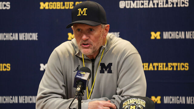 ANN ARBOR, MI - APRIL 18: Michigan Wolverines head coach Kyle Whittingham speaks to the media during the postgame press conference following the Michigan spring football game on April 18, 2026 at Michigan Stadium in Ann Arbor, MI.