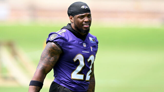 OWINGS MILLS, MARYLAND - JUNE 09: Derrick Henry #22 of the Baltimore Ravens walks off the field after Baltimore Ravens Mandatory Minicamp at Under Armour Performance Center on June 09, 2026 in Owings Mills, Maryland.