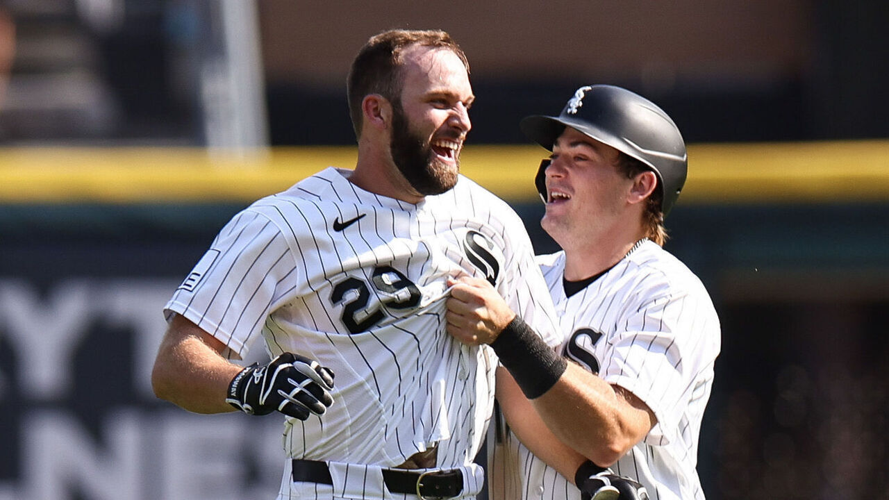 CHICAGO, ILLINOIS - JULY 30: Tristan Peters #29 of the Chicago White Sox celebrates with teammate Sam Antonacci #17 after a bases-loaded walk during the eleventh inning to defeat the New York Yankees 2-1 at Rate Field on July 30, 2026 in Chicago, Illinois.